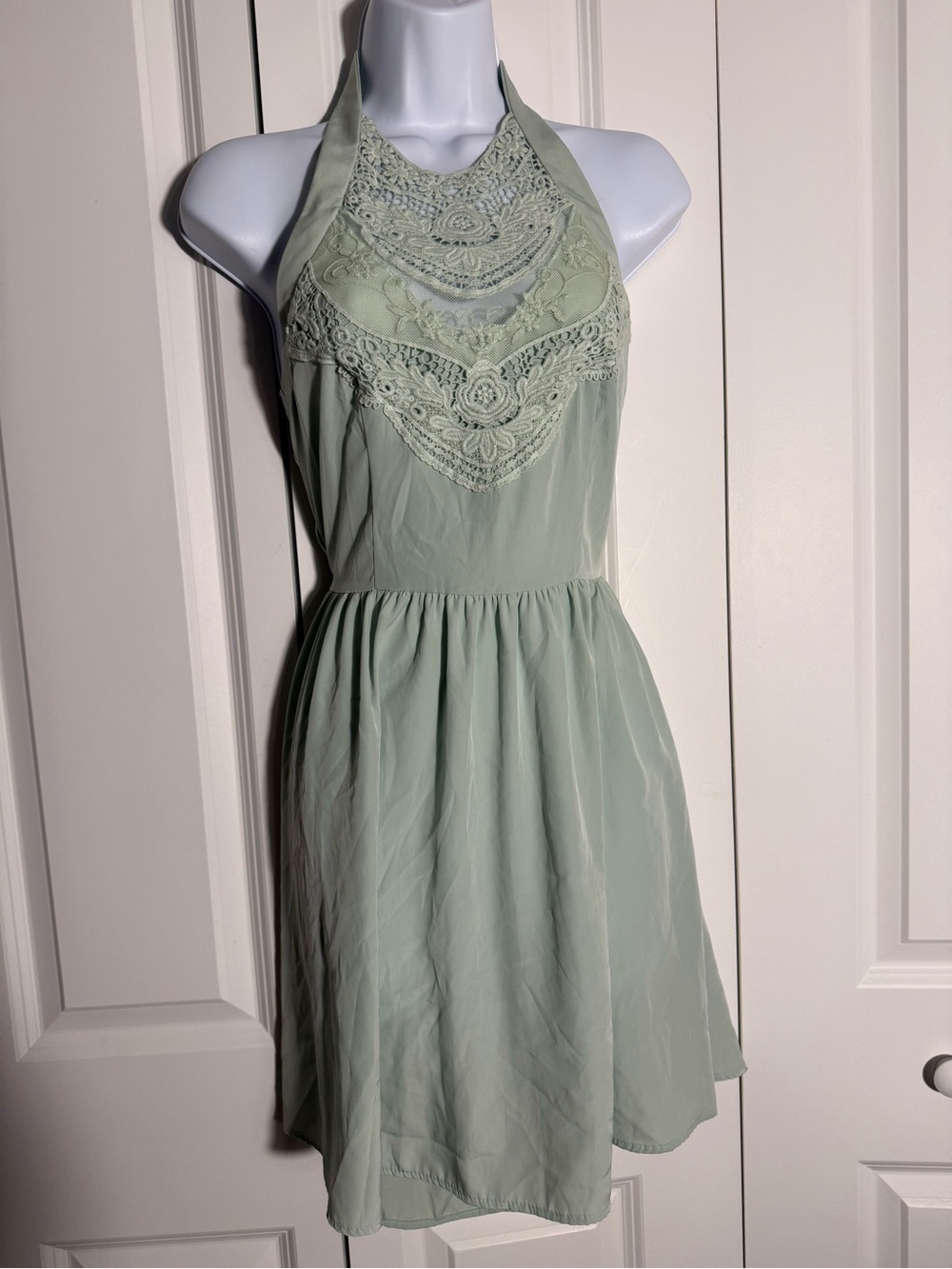 Solemio Mint Green Halter Lace Yoke Dress